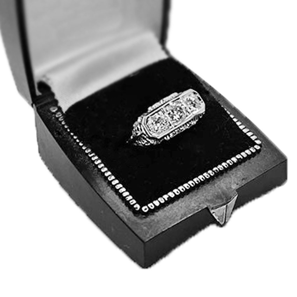 3 Diamond Old Euro Cut Antique 18K White Gold Ring